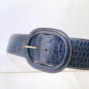 Ann Taylor Wide Croc Embossed Faux Leather Belt Navy M